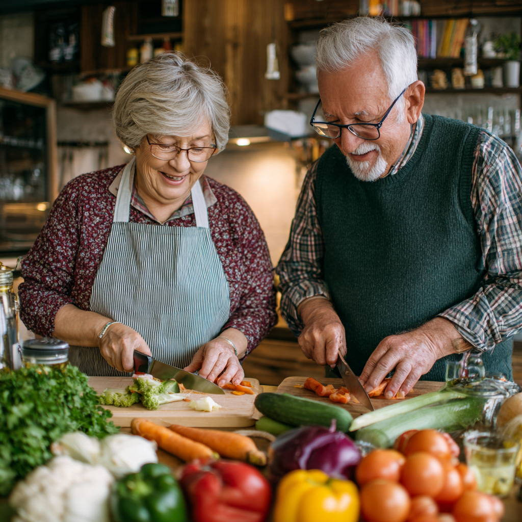 Elderly Ukrainian couple enjoying a peaceful breakfast together, both smiling and engaged in conversation while eating healthy foods